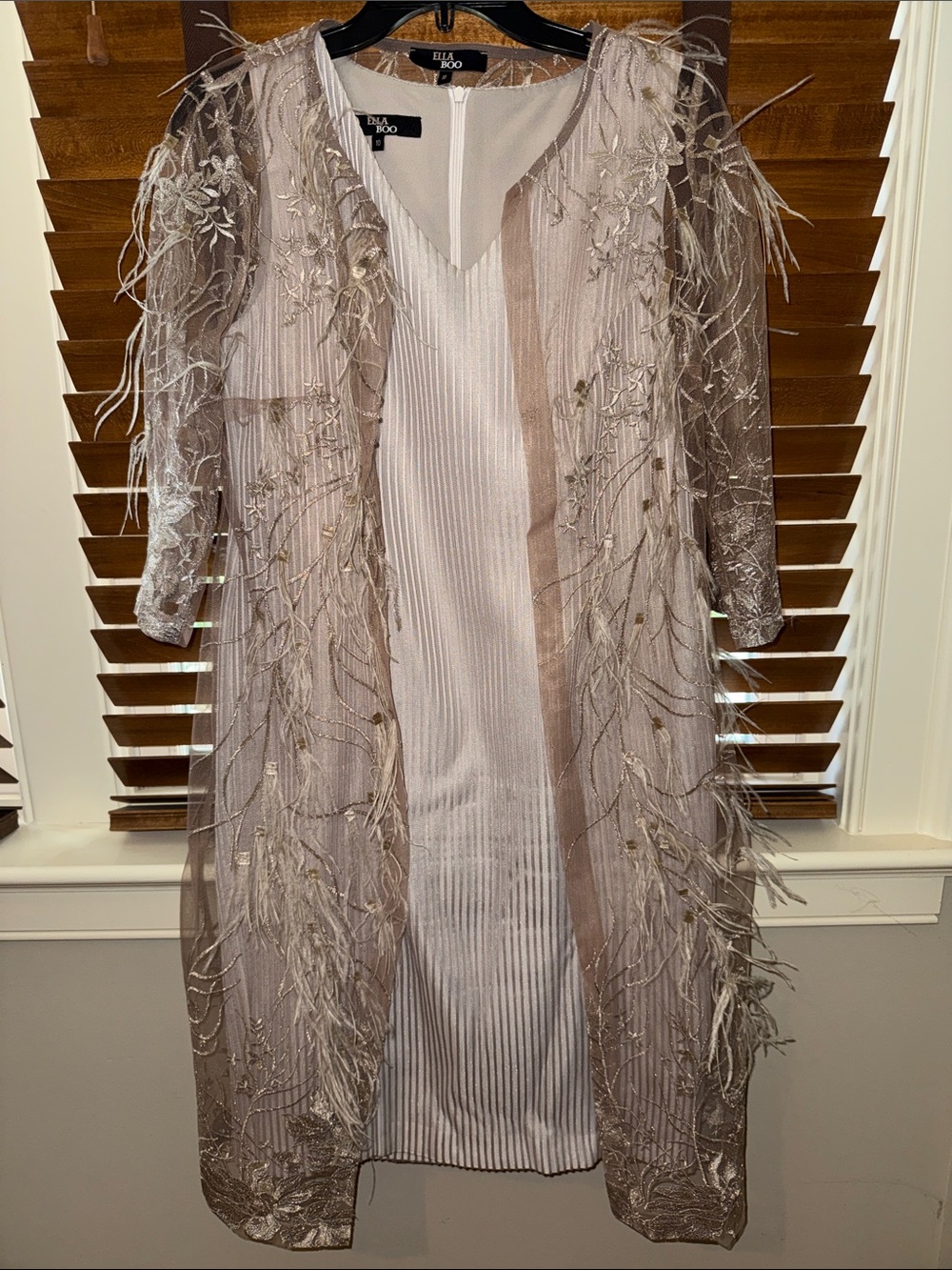 2pc Sheath Dress & Embellished Feather-Trim Sheer Dress Coat US 6/UK 10